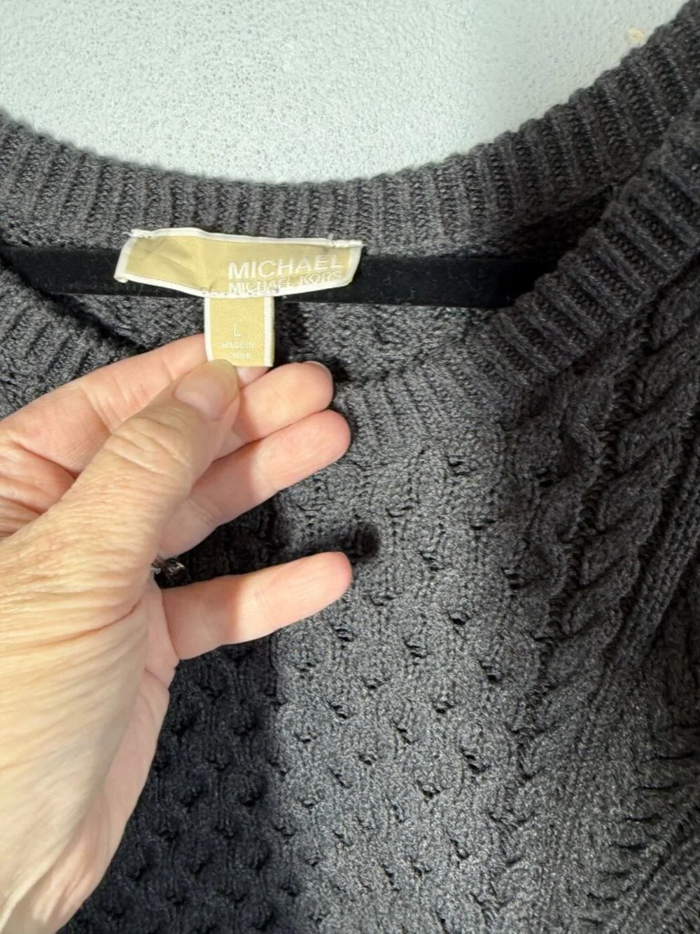 Michael Kors Womens Large Cable Knit‎ Sweater Open Shoulder Gray Cozy Cabincore